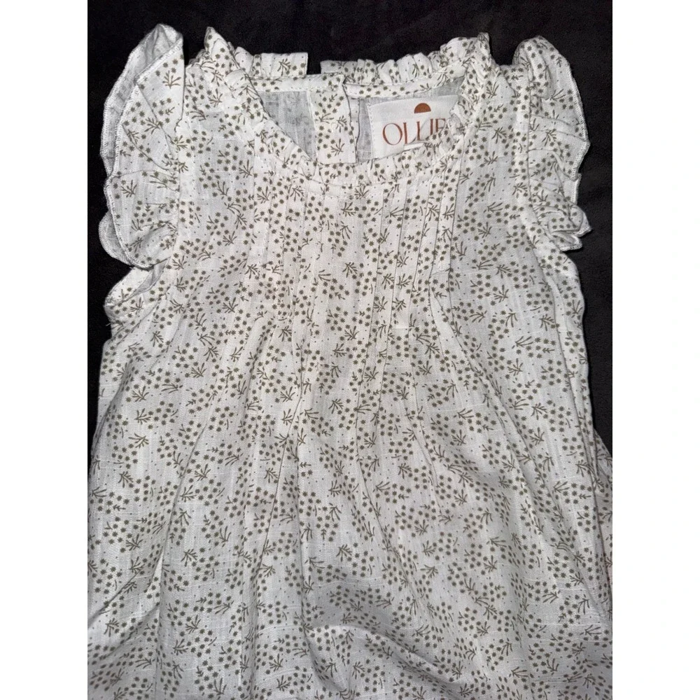 Ollie's Day Baby Girl Floral Bubble Romper White Tan Ruffle Sleeve 6-9 Months